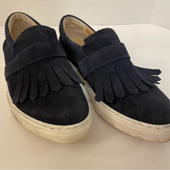 Anthropologie Fringe Slip On Suede Loafers Sneakers Navy Tassel Women US6 EUR37 - Picture 7 of 9